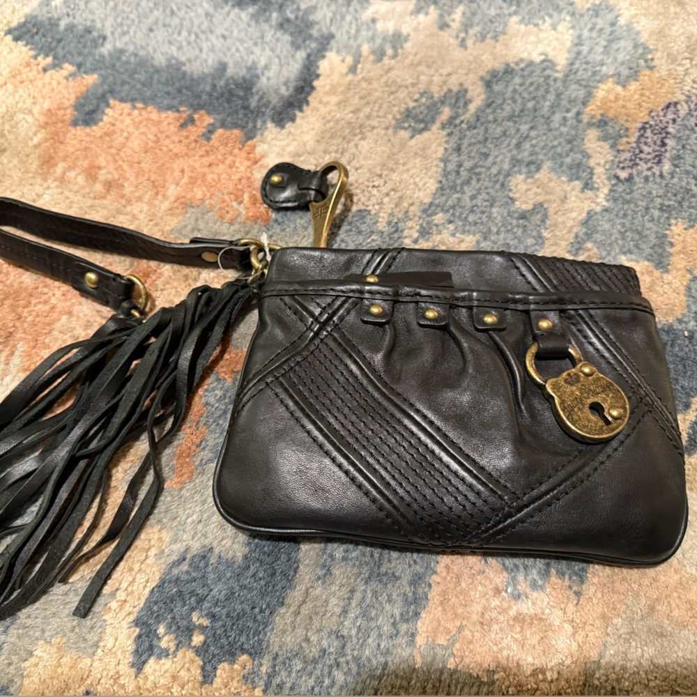 Juicy Couture Black Leather Wristlet Clutch w/ Fringe & Lock Charm | Vintage Y2K